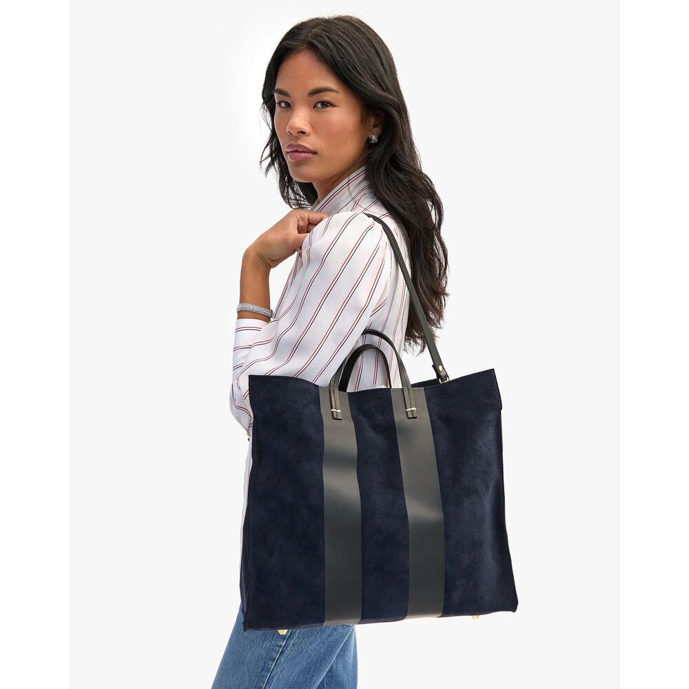 Clare V Navy Suede and Leather Racing Stripe Simple Tote